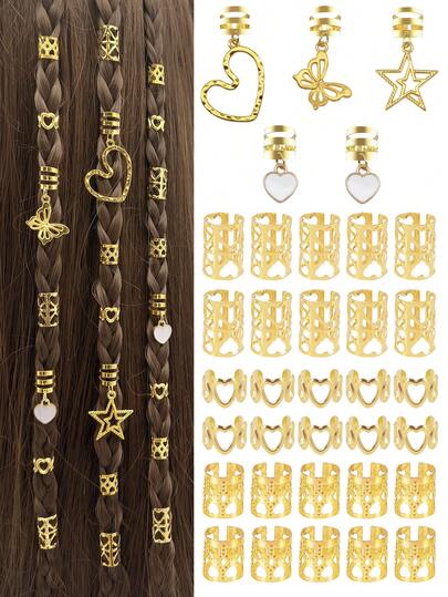 35pcs DIY Heart-Shaped Star Butterfly Hair Ring Accessories Metal Cutout Adjustable Fashion Simple Dreadlocks Beads Suitable For Women Dating Valentines