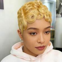 侧分彩色短卷精灵头真人发假发，女士假发，Remy全机织假发，150%密度 - 彩色 - 查看 8