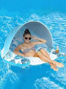 1pc Inflatable Lounger Chair, Leaf Design, With Detachable Sunshade Canopy, Fits 1 Adult, Holds Water Bottle, Floating Water Hammock, Foldable, Ideal For Ocean, Swimming Pool, Outdoor Sunbathing, Swimming, Beach Holidays. Air Pump Not Included, Sold Separately - Multicolor - View 1