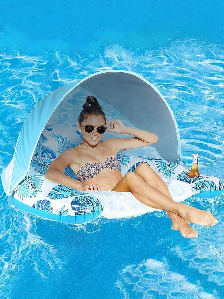 1pc Inflatable Lounger Chair, Leaf Design, With Detachable Sunshade Canopy, Fits 1 Adult, Holds Water Bottle, Floating Water Hammock, Foldable, Ideal For Ocean, Swimming Pool, Outdoor Sunbathing, Swimming, Beach Holidays. Air Pump Not Included, Sold Separately - Multicolor - View 1
