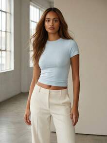 RRIVE Basic Soft Ribbed Baby Tee Slim Fit T-Shirt Solid Crew Neck Short Sleeve Tops For Women, Stretchy Basic Tee For Yoga Workout Gym Athleisure Casual Daily Wear Summer Spring Outfits Vacation Outfits Women - 淺藍色 - 查看 3