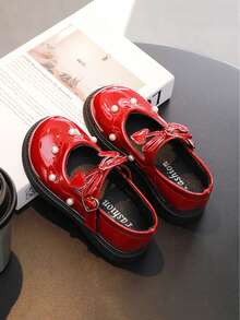 7-18 Years Old Children's Red Patent Leather Flat Shoes, Suitable For Spring And Autumn Outdoor Activities, Park Walking, Non-Slip And Wear-Resistant Soft Bottom Comfortable Lightweight Girls' Shoes, Red Bow Tie Mary Jane With Pearl Decoration Cute Heart-Shaped Red Patent Leather Girls' Princess Shoes, Elegant Red Performance Shoes For School Campus And Student Performances - Red - View 3