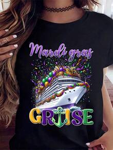 Mardi Gras Cruise Shirt T-Shirt With Colorful Carnival Design And Ship Graphic For Festive Celebration Party Wear - 黑色 - 查看 2