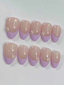 10片紫色杏仁形短款简约百搭可爱小白花美甲贴片，手工制作可爱少女Y2K风格按压式美甲贴片，美甲配件，美甲用品，手工按压式美甲贴片 - 紫色 - 查看 3