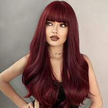 Peluca de mujer de fibra sintética de alta densidad, con flequillo ondulado de color vino tinto, resistente al calor, elegante y estilosa, adecuada para todas las mujeres - Multicolor - Ver 3
