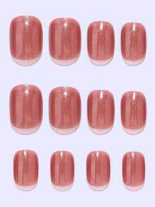 24 uñas postizas cuadradas cortas, uñas cortas de color rosa dorado brillante, manicura de unicolor minimalista, adecuado para chicas/mujeres en citas, regalos, San Valentín, atuendo diario, incluye 1 pieza de gel de gelatina y 1 pieza de lima de uñas - Multicolor - Ver 6