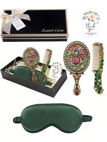 Brodark 4件套复古玫瑰水钻迷你镜、梳子、金色发圈、深绿色眼罩、感谢卡及精美蝴蝶结礼盒，适合作为新娘派对、生日、单身派对礼物，也适合送给家人、朋友、妈妈、女友，情人节、母亲节礼物，以及女性日常使用。 - 彩色 - 查看 6