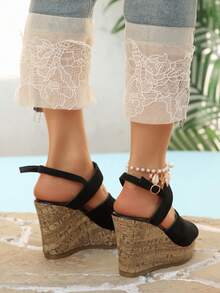 新款韩版厚底坡跟凉鞋，夏季高跟厚底凉鞋，树皮纹理装饰，厚底露趾百搭凉鞋 - 黑色 - 查看 8