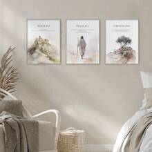 三联帆布墙画套装，耶稣肖像，自然风景，波西米亚风格墙饰，时尚挂毯，基督教经典礼物，适用于客厅、办公室、书房、卧室墙面装饰，无框礼物，生日及毕业礼物 - 米色 - 查看 2