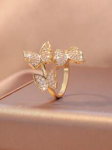 Mixed Design Open Ring - Women's Gold-Tone Crystal Butterfly/Geometric Ring | Stackable Personalized Jewelry, Suitable For Daily And Occasions - Gold - View 7