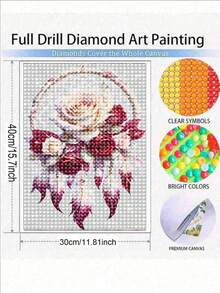 羽毛玫瑰捕梦网钻石画套装，成人款，全钻圆形钻石画，适合房间装饰、卧室装饰或作为生日礼物送给朋友 - 彩色 - 查看 3