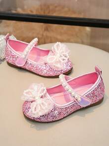 1 Đôi giày công chúa đính kim sa tím hình bướm và ngọc trai, giày đế mềm chống trượt cho bé gái mùa xuân/hè, giày dự tiệc sinh nhật, giày biểu diễn khiêu vũ thời trang cho trẻ em. - Hồng - Xem 4