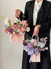 6/3个装和1个装粉色/绿色/紫色牛皮纸鲜花礼品袋，牛皮纸鲜花礼品手提袋，情人节鲜花礼盒，便携式花束包装袋，带提手的防水鲜花礼盒，母亲节鲜花礼品袋，适用于情人节、婚礼和生日 - 彩色 - 查看 2