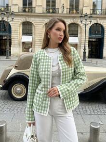 Women's Luxury Green Gingham Tweed Jacket, Elegant Pearl Trim Spring Outfit, Chic Old Money Aesthetic For Spring Break Casual Streetwear Blazer - Green - View 3