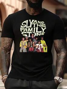 Men's Plus Size Sly And The Family Stone Graphic T-Shirt - Unisex Black Tee With Bold Yellow Curly Lettering And Vibrant Band Image - Perfect Casual Wear For Music Fans, Concerts, And Everyday Outings - Black - View 1