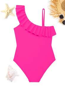 1 Piece New Spring Girls Cute Ruffle One Piece Swimsuit Magical Fantasy Print Quick Dry Breathable High Elastic Fabric Waterproof Soft Pool Beach Water Park Vacation Swimwear Birthday Holiday Gift - 玫紅色 - 查看 5