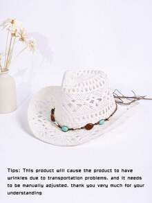 1顶男女通用宝石装饰西部牛仔帽，镂空印花草帽，春夏旅行防晒沙滩帽，休闲遮阳帽（收到产品后，如果帽檐变形，需要手动调整恢复原状）