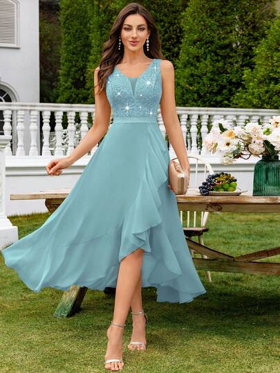 MIUSOL Deep V-Neck Contrast Color Lace & Sequin Patchwork Ruffle Hem High-Low Hem Chiffon Formal Party Maxi Dress