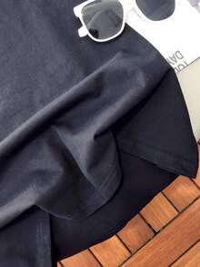 Women's Summer Casual Graphic Short Sleeve Mid-Length T-Shirt, Stylish Contrast Stripe Top - Black - View 4