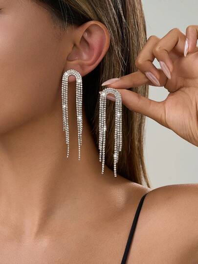 Nooxian 1对时尚迷人派对风格女士耳环，闪亮钻石流苏奢华锆石爪链流苏耳环