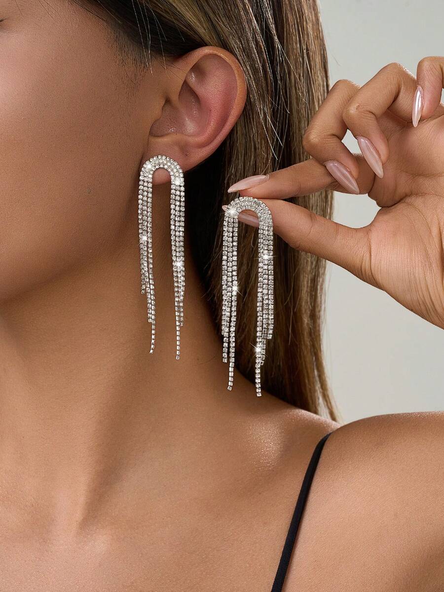 Nooxian 1对时尚迷人派对风格女士耳环，闪亮钻石流苏奢华锆石爪链流苏耳环 - 銀色 - 查看 1