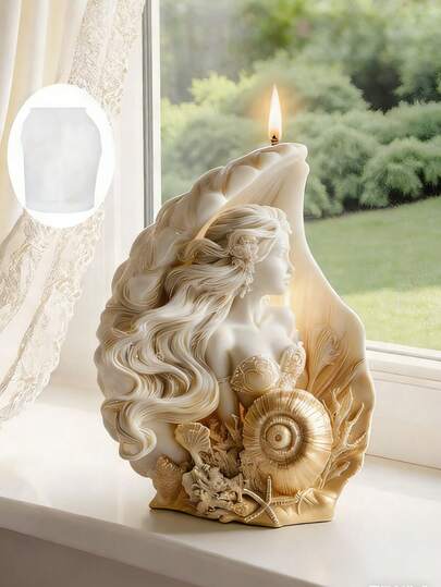 1个3D海洋仙女贝壳蜡烛硅胶模具 - 精细浮雕，易脱模，适用于蜡烛/石膏/婚礼/情人节DIY装饰礼品