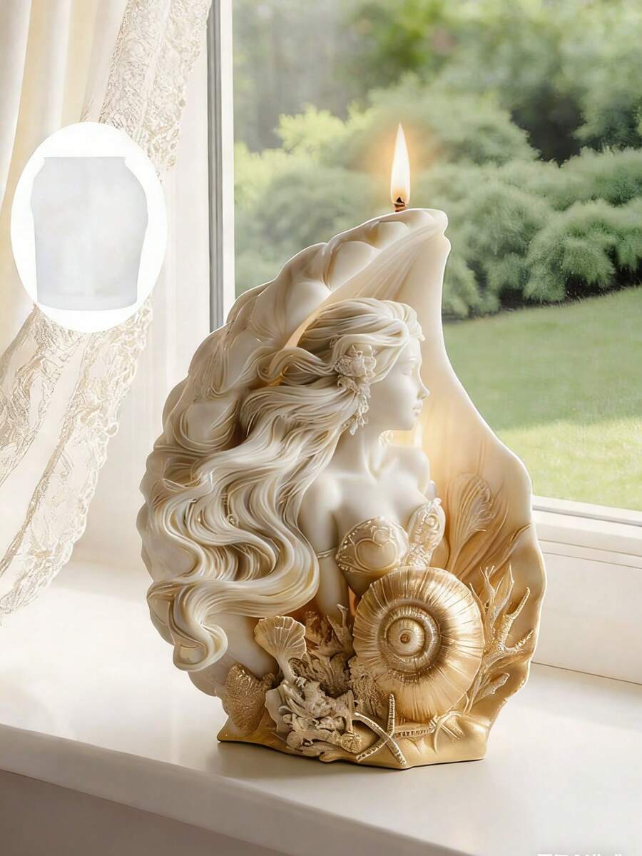 1个3D美人鱼贝壳蜡烛硅胶模具 - 细节浮雕,易脱模,适用于蜡烛/石膏/婚礼/情人节DIY装饰礼品 - 白色 - 查看 1