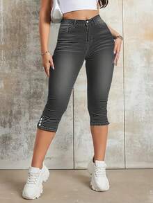 Quần jeans nữ cạp trung dáng ôm dài đến 7/8 - Thiết kế gấu quần có cúc cài, túi tiện dụng, kiểu dáng thường ngày giúp tôn dáng. - Xám - Xem 4