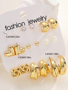 18件套时尚精致甜美仿珍珠心形水滴形水钻耳钉套装，日常、约会、通勤、生日礼物、情人节礼物（送给女朋友） - 金黃色 - 查看 7