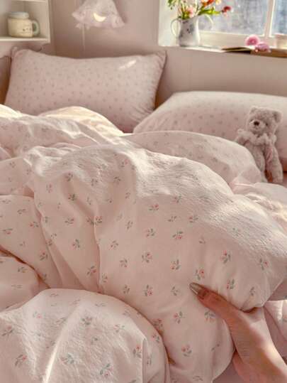 1 Set Sweet Girl Pink Floral Bedding Set, Including 1*Duvet Cover + 1*Flat Sheet + 2*Pillowcases, Pink Flat Sheet, Light Green Leaf Pattern, Comfortable Bedding, Simple Home Decor, Duvet Cover & Pillowcases Without Insert, Machine Washable