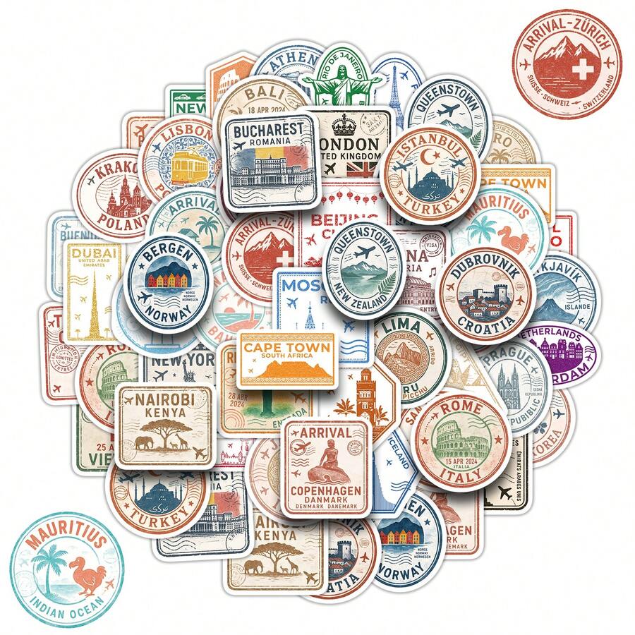 50张复古旅行贴纸，城市贴纸，卡通贴纸，复古旅行贴纸，国家贴纸，世界地图贴纸，防水乙烯基贴纸，适用于水瓶、电脑、笔记本电脑、手机、行李箱、笔记本、冰箱等。