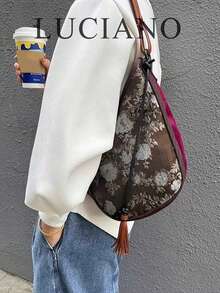 1个复古花卉印花流苏单肩包，波西米亚风格不规则拼接刺绣手提包，适合通勤、街头、旅行、艺术风格，适合森林女孩、时尚年轻女性、爱好者、领导者 - 棕色 - 查看 1