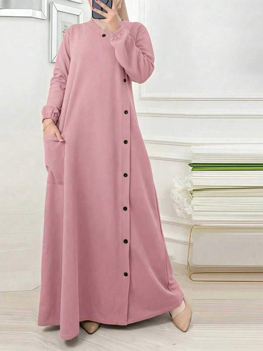 Áo choàng dài tay màu trơn cài một hàng khuy có túi dành cho nữ, kiểu Kaftan màu hồng mùa xuân. - Hồng - Xem 1