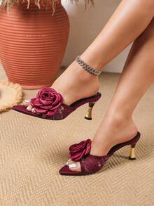 Giày sandal cao gót thời trang nữ gợi cảm với khóa kim loại hình hoa hồng, mũi nhọn, thoải mái, dễ xỏ, cao cấp, đa năng và thanh lịch, phù hợp cho các buổi tụ họp ngoài trời, tiệc chiêu đãi và các bữa tiệc. - Màu Đỏ Sâu - Xem 4