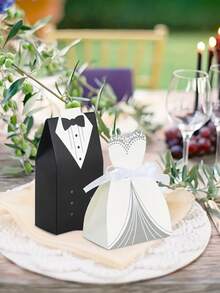100个婚纱礼服礼盒，糖果礼盒，纸质新郎新娘西装设计，新娘送礼会/婚礼派对，最受欢迎的缎带糖果礼盒，婚礼回礼糖果盒，非常适合婚礼派对、生日、新娘送礼会、婴儿派对装饰 - 黑與白 - 查看 8
