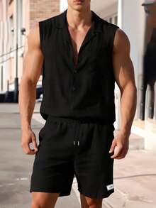 Men's Summer Casual Polo Collar Sleeveless Shirt And Shorts Set - Black - View 1