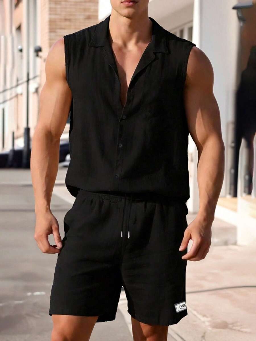 Men's Summer Casual Polo Collar Sleeveless Shirt And Shorts Set - Black - View 1
