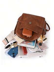 Women's Elegant Flap Shoulder Bag PU Leather Top-Handle Chic Backpack With Multi Zipper Pockets For Daily Use And Dating Events - màu nâu - Xem 8