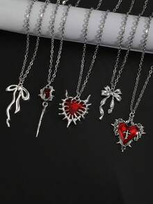 5pcs Y2K Vintage Gothic Punk Rock Style Thorn Heart Cross Rose Bow Ribbon Pendant Necklace Set, Stainless Steel Chain Necklace, Personalized Hip Hop Necklace - Red - View 3
