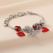 Fashionable Flame Red Lip Pendant Beaded Bow Heart Rose Bracelet, Romantic Gift For Valentine's Day, New Year