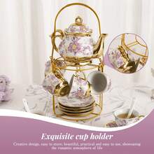 20-Piece European Porcelain Tea Set With Metal Stand & Floral Painting - Elegant Tea Service For Adults, Home Decor Or Gift (Small,  Purple) - Purple - View 9
