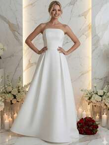 Premium Tailored Long Straight Neckline Wedding Dress - 白色 - 查看 1