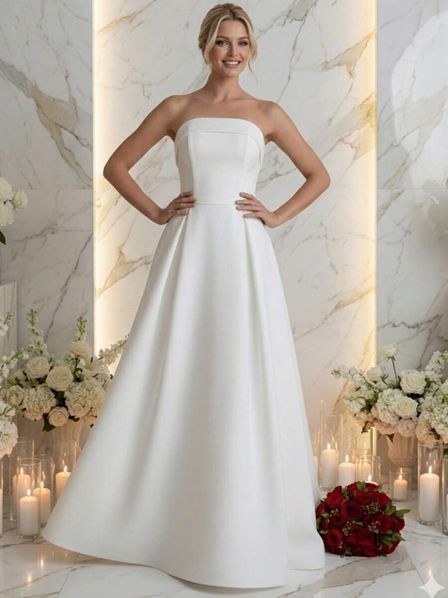 Premium Tailored Long Straight Neckline Wedding Dress - 白色 - 查看 1