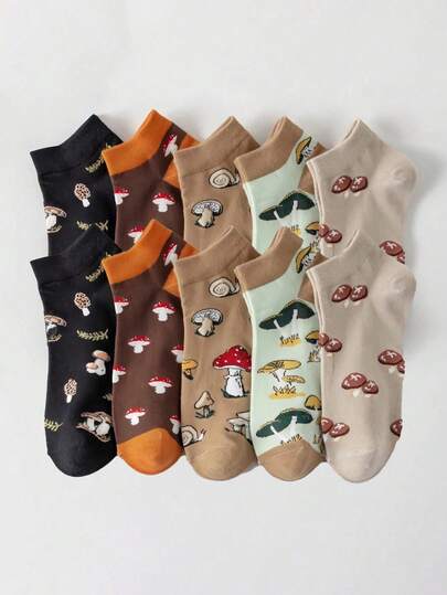 5/10 par slumpmässiga kvinnors casual svamptryckstrumpor, andningsbara mjuka och bekväma, lämpliga för fritid, sport och vardagsbruk