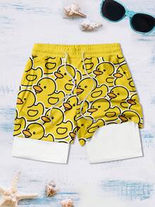 Men's Summer Duck Print Double-Layer Beach Shorts, Vacation Style - Multicolor - View 3