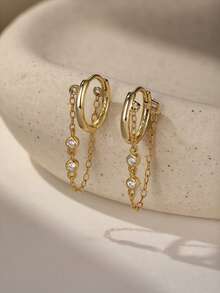 1pc S925 Sterling Silver Zirconia Stone Tassel Navel Ring, Simple Classic Everyday Wear Navel Piercing Jewelry For Women - Single - View 2