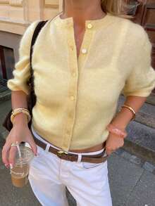 Women's Spring Short Sleeve Knit Top, Solid Color, Y2K Style, Suitable For Daily Wear, Travel And School - Yellow - View 6