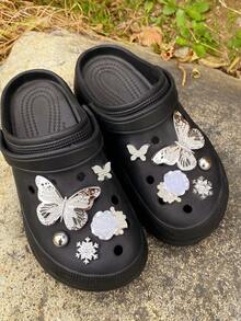 10pcs Cute Silver Rhinestone Butterfly, Snowflake, Rose Flower, Small Butterfly Hollow Shoe Decorations DIY Accessories - Fun, Versatile Personalized Shoe Embellishments, Perfect Gifts For Holidays, Parties And Special Occasions - Silver - View 4