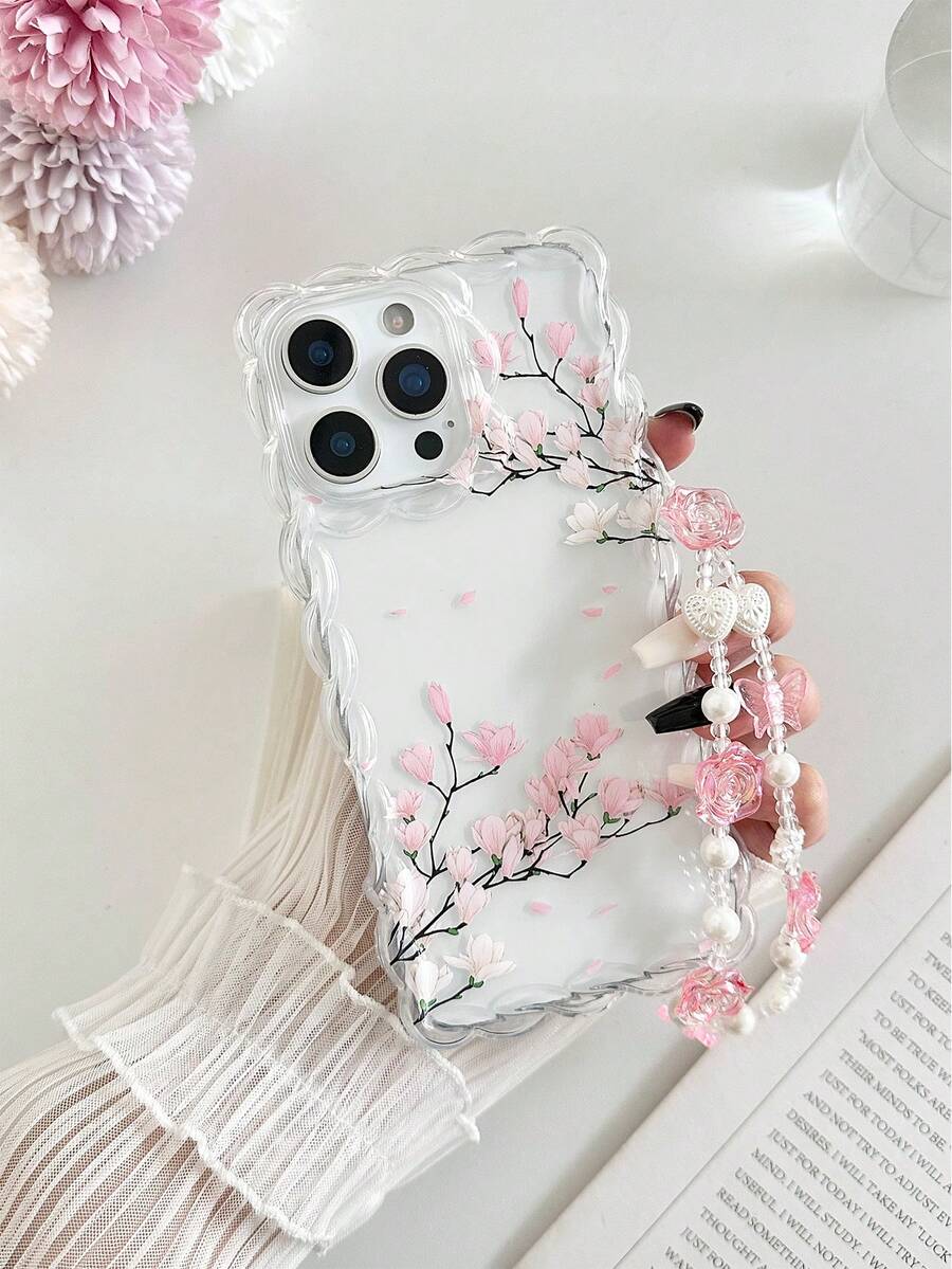 粉色仿珍珠编织波浪边优雅TPU花卉彩绘防震手机壳，配手工串珠手链配件，兼容 16/11/16Pro/16Plus/16ProMax/16E/15ProMax/13/14/12/XS/XR/7G/8PXR/7/8，兼容 15ProMax，13，14，12，X，12/14彩绘TPU软保护壳，春季礼物