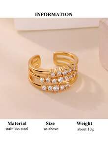 10pcs Cubic Zirconia Stainless Steel Rings, Women/Mother's Style, 18K Gold Plated Tarnish Resistant Adjustable Rings, Wedding Jewelry/Party Accessories, Valentine's Day/Mother's Day Gift